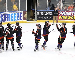 Phantoms celebrate after winning 3-2 against the Chicago Steel in Game 4 of the USHL Eastern Conference Semifinals, Saturday, April 22, 2017 at The Covelli Centre in Youngstown. With the series tied, 2-2, Game 5 will be played in Chicago on Tuesday...(Nikos Frazier | The Vindicator)..