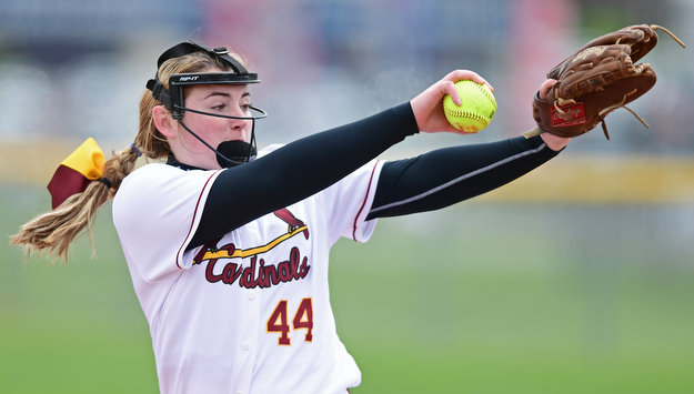 BOARDMAN, OHIO - APRIL 22, 2017: Mooney starting pitcher Kayla Rutherford(44) delivers in the third inning of Saturday mornings game at Boardman High School. DAVID DERMER | THE VINDICATOR