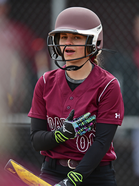 BOARDMAN, OHIO - APRIL 22, 2017: Boardman's Gloria Hynes walks to the dugout in disbelief after striking out in the third inning of Saturday mornings game at Boardman High School. DAVID DERMER | THE VINDICATOR