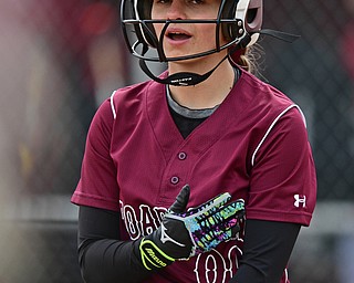 BOARDMAN, OHIO - APRIL 22, 2017: Boardman's Gloria Hynes walks to the dugout in disbelief after striking out in the third inning of Saturday mornings game at Boardman High School. DAVID DERMER | THE VINDICATOR