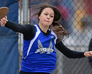 AUSTINTOWN, OHIO - APRIL 22, 2017: Emily Williams of Jackson-Milton throws during the girls discus throw, Saturday afternoon during the Mahoning Country Track Meet at Austintown Fitch High School. DAVID DERMER | THE VINDICATOR
