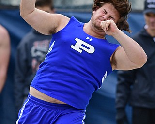 AUSTINTOWN, OHIO - APRIL 22, 2017: Poland's Drew Davies throws during the boys shot put, Saturday afternoon during the Mahoning Country Track Meet at Austintown Fitch High School. DAVID DERMER | THE VINDICATOR