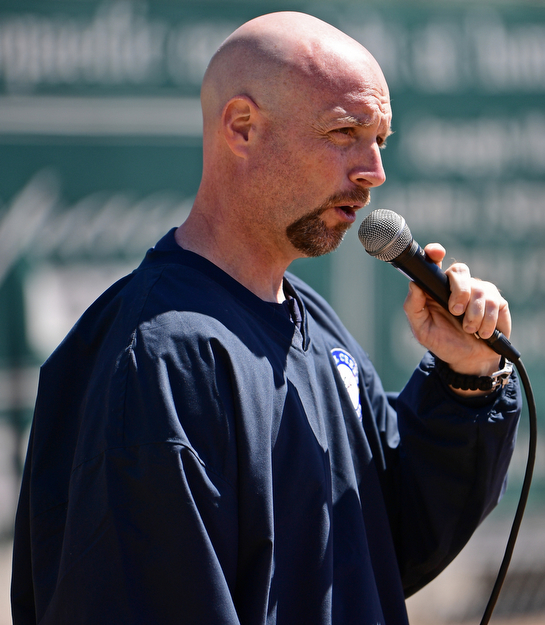 YOUNGSTOWN, OHIO - APRIL 23, 2017: President Ken Goss speaks at the microphone during the Mill Creek Junior Baseball opening ceremonies, Sunday afternoon at the Mill Creek baseball field complex. DAVID DERMER | THE VINDICATOR