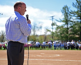 YOUNGSTOWN, OHIO - APRIL 23, 2017: Mayor John McNally speaks at the microphone during the Mill Creek Junior Baseball opening ceremonies, Sunday afternoon at the Mill Creek baseball field complex. DAVID DERMER | THE VINDICATOR