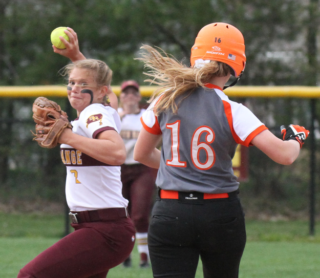 William D Lewis the Vindicator  Springfield's Lindsey Druschel(16) is out at 2nd as South Range's Lydia Baird (2) tries to turn a double play during 4-24-17 action at South Range.