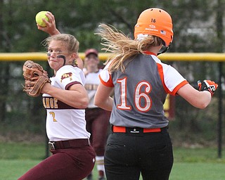 William D Lewis the Vindicator  Springfield's Lindsey Druschel(16) is out at 2nd as South Range's Lydia Baird (2) tries to turn a double play during 4-24-17 action at South Range.