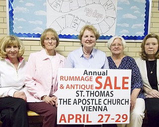 SPECIAL TO THE VINDICATOR
The Women’s Altar and Rosary Guild of St. Thomas the Apostle Catholic Church, 4453 Warren Sharon Road, Vienna, is hosting its annual rummage sale from 9 a.m. to 5 p.m. Friday and 9 a.m. to 1 p.m. Saturday. An admission fee of $5 will be charged for the pre-sale event from 4 to 6 p.m. Thursday. In addition to antiques and bakery items, there will be housewares, small appliances, dishes, glassware, linens, jewelry, toys, games, holiday items, crafts, collectibles, furniture, lamps, sporting goods and books. Everything will be half-price Saturday. Committee members, from left, are Linda Rose, Karen Neuroh, Pat Slaven, Sue Simeone and Pat DeMarco.