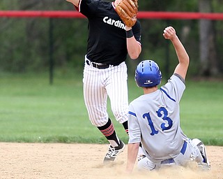 Poland's Vince Garayua(1) slides into second as Canfield second baseman Anthony Vross(24) throws to second during the 4th inning as Poland High School takes on Canfield High School, Tuesday, March 25, 2017 at Phil Bova Field. Poland won 9-1...(Nikos Frazier | The Vindicator)..