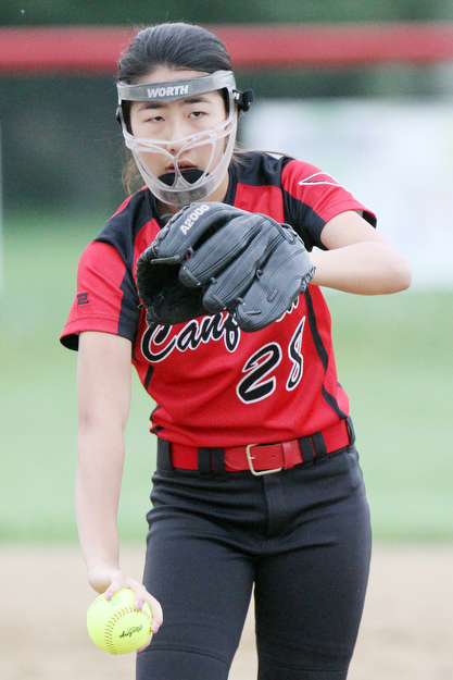 William d Lewis the vindicator  Canfield pitcher Kaili Gross(28) delivers during 4-28-17 game with Fitch.