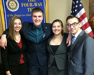 SPECIAL TO THE VINDICATOR
Canfield speech team competes in Rotary contest
Four members of the Canfield High School speech and debate team recently competed in the Canfield Rotary’s annual 4-Way Speech Competition at a luncheon meeting. Students chose any topic that could be evaluated with the Rotary’s 4-Way Test questions: “is it truth,” “is it fair,” “will it build goodwill,” and “will it be beneficial for all those concerned.” Ally Cooper and Dominic DeRamo tied for third place, and each received $50; Taryn Rothbauer won $100 for second place; and Carson Markley won $200 for first place. Carson, the winner of Canfield Rotary’s contest last year, also participated in the district speech competition in Canton on April 1. He placed second out of 18. Canfield students, from left, are Taryn, Carson, Ally and Dominic.