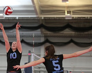 Lakeside Launch's Julia Paliwodzinsk(10) sets the ball up for Taylor Higgins(5) as Pittsburgh Elite 17 Premier 2 takes on Lakeside Launch in the 17-18 club during the Rust Belt Challenge volleyball tournament at Watson and Tressel Training Site at YSU, Saturday, April 29, 2017 in Youngstown. Lakeside Launch won, 25-16, 16-25, 18-16...(Nikos Frazier | The Vindicator)..
