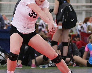Pittsburgh Elite's Elizabeth Jankowski(35) hits the ball as Pittsburgh Elite 17 Premier 2 takes on Lakeside Launch in the 17-18 club during the Rust Belt Challenge volleyball tournament at Watson and Tressel Training Site at YSU, Saturday, April 29, 2017 in Youngstown. Lakeside Launch won, 25-16, 16-25, 18-16...(Nikos Frazier | The Vindicator)..