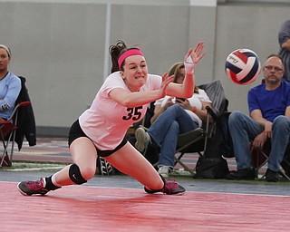 Pittsburgh Elite's Elizabeth Jankowski(35) dives for the ball as Pittsburgh Elite 17 Premier 2 takes on Lakeside Launch in the 17-18 club during the Rust Belt Challenge volleyball tournament at Watson and Tressel Training Site at YSU, Saturday, April 29, 2017 in Youngstown. Lakeside Launch won, 25-16, 16-25, 18-16...(Nikos Frazier | The Vindicator)..
