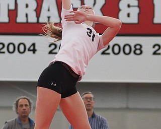 Pittsburgh Elite's Haley Altemus(31) goes up for the spike as Pittsburgh Elite 17 Premier 2 takes on Lakeside Launch in the 17-18 club during the Rust Belt Challenge volleyball tournament at Watson and Tressel Training Site at YSU, Saturday, April 29, 2017 in Youngstown. Lakeside Launch won, 25-16, 16-25, 18-16...(Nikos Frazier | The Vindicator)..