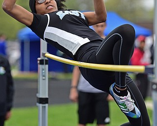 POLAND, OHIO - APRIL 29, 2017: Youngstown East's Kiya Butler jumps in an attempt to clear the bar during the girl's high jump, Saturday morning during the Poland Invitational at Poland High School. DAVID DERMER | THE VINDICATOR