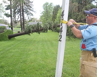 william d Lewis the vindicator  Boardman firefighter Rob Aeiza secures caution tape at the scene of a downed tree on South Ave. A fast moving storm packing strong winds and heavy rain Sunday April 30, 2017 left downed trees and power lines and  many residents without power.