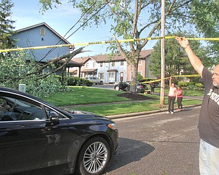 william d Lewis the vindicator A fast movinf storm packing strong winds and heavy rain felled trees and power lines Sunday April 30, 1017. Boardm,an resident Tim Gonda holds up caution tape so a motorist could pass through Applecrest Circle in Boardman.