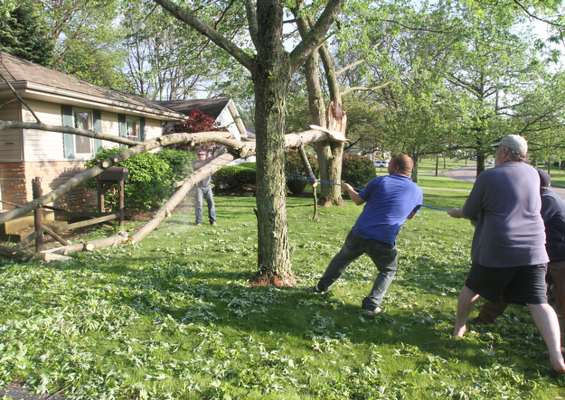 william d Lewis the vindicator A fast moving storm packing strong winds and heavy downed trees and power lines Sunday April 30, 1017. Ted Wills, right and friends  pull a downed tree away from his house at 5903 Glenridge in Bordman.