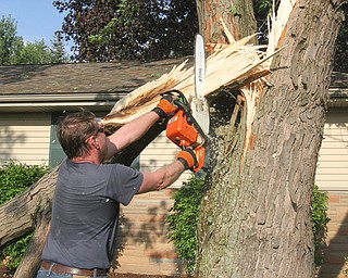 william d Lewis the vindicator A fast moving storm packing strong winds and heavy rain downed trees and powerlines Sunday April 30, 1017. Ken Neuberger uses a chain saw to remove a tree that fell at thhis brother in law Ted Wills house at 5903 Glenridge in Boardman.