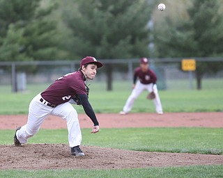 Boardman Pitcher Nick Augustine(2) pitches during the 1st inning as Boardman takes on Poland, Tuesday, May 2, 2017 at Cene Park. ..(Nikos Frazier | The Vindicator)..