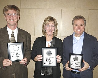 SPECIAL TO THE VINDICATOR
GFWC, Ohio, Austintown Junior Women’s League hosted its 10th annual Taste of Austintown food competition April 1 at Immaculate Heart of Mary Parish Center, Austintown. More than 320 guests sampled a variety of foods from 16 vendors, including a build-your-own salad bar and fiesta bean dip table hosted by the Austintown Board of Education. One guest won $650 in the 50-50 raffle. The fundraiser benefits scholarship recipients at Austintown Fitch High School. This year, Barry Dyngle’s Pub won the “People’s Choice for Best Taste.” Halliday’s Winery won “People’s Choice for Best Presentation,” and Russo’s Pizza won “Judge’s Choice for Best of the Best.” Photos and information can be found at www.facebook.com/AJWL2014. Judges for the event, above from left, are Rick Stauffer, Judy Higgins-Reardon and Ron Verb. Below are Stephanie Fabian, district registrar and assistant EMIS coordinator; and Kathy Mock, vice president of the Austintown BOE.