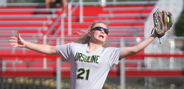 William D. Lewis the Vindicator Ursuline Emma Ericson (21) pulls in a flyball of the ball of Girard's Emily Scarnecchia during 5-3-17 win over Girard..