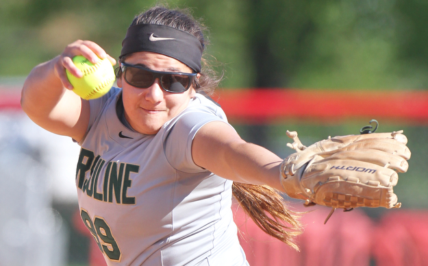William D. Lewis the Vindicator Ursuline pitcher Jordan Keanneally (99) delivers during 5-3-17 win over Girard..