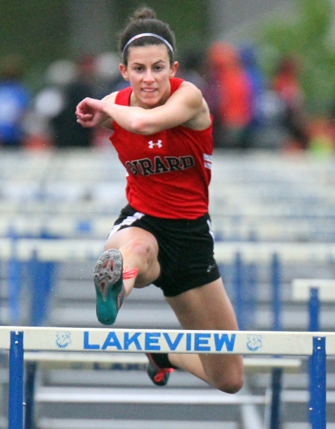 William D. Lewis The Vindicator  Girard's Emily Marsico flies towards a win in girls hurdles at Trumbull County Track Meet at Lakeview 5-4-17