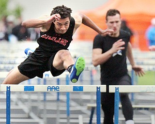 William D. Lewis The Vindicator  Howland's Jacob Williams wins boys hurdles at Trumbull Track Meet at Lakeview 5-4-17.