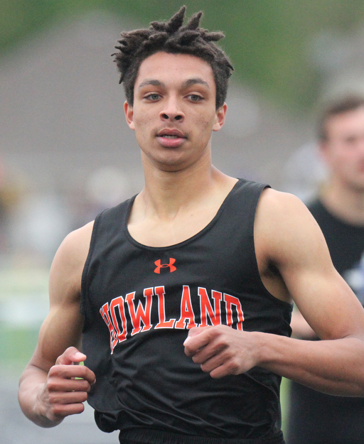 William D. Lewis The Vindicator  Howland's Jacob Williams wins boys hurdles at Trumbull Track Meet at Lakeview 5-4-17.