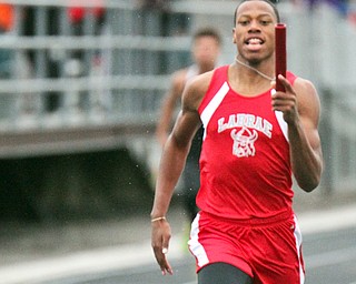 William D Lewis The Vindicator LaBrae's Tariq Drake crosses the finish winning boys 4x200 during Trumbull Track Meet at Lakeview 5-4-17