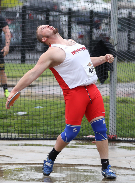 Youngstown Discus thrower Dom Westbay, throws during a Horizon League track meet at YSU, Friday, May 5, 2017 in Youngstown.  ..(Nikos Frazier | The Vindicator)