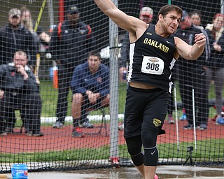 Oakland discus thrower Joe Ghafari throws during a Horizon League track meet at YSU, Friday, May 5, 2017 in Youngstown.  ..(Nikos Frazier | The Vindicator)
