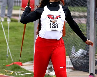 Youngstown javelin thrower Kara Dotson throws during a Horizon League track meet at YSU, Friday, May 5, 2017 in Youngstown.  ..(Nikos Frazier | The Vindicator)