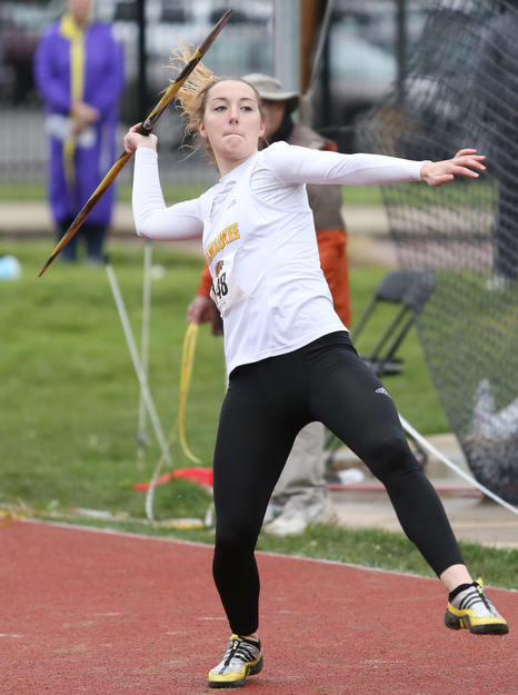 Milwaukee javelin thrower Leah Lenling throws during a Horizon League track meet at YSU, Friday, May 5, 2017 in Youngstown.  ..(Nikos Frazier | The Vindicator)