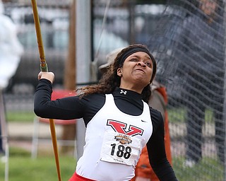 Youngstown javelin thrower Kara Dotson throws during a Horizon League track meet at YSU, Friday, May 5, 2017 in Youngstown.  ..(Nikos Frazier | The Vindicator)