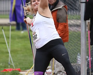 Youngstown javelin thrower Nicolette Kreatsoulas throws during a Horizon League track meet at YSU, Friday, May 5, 2017 in Youngstown.  ..(Nikos Frazier | The Vindicator)