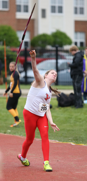 Youngstown State javelin thrower Angela Lock throws during a Horizon League track meet at YSU, Friday, May 5, 2017 in Youngstown.  ..(Nikos Frazier | The Vindicator)
