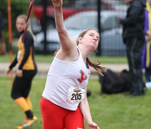 Youngstown State javelin thrower Angela Lock throws during a Horizon League track meet at YSU, Friday, May 5, 2017 in Youngstown.  ..(Nikos Frazier | The Vindicator)