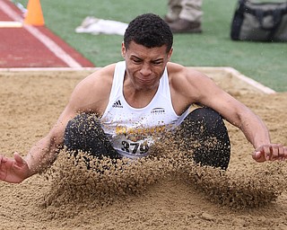 Bryce McMurty(379) of Milwaukee competes in the Men's Long Jump during a Horizon League Track and Field Championship at Farmers National Bank Field, Saturday, May 6, 2017 in Youngstown.  ..(Nikos Frazier | The Vindicator)