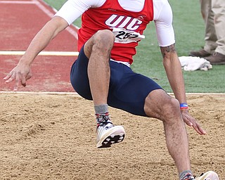 Nick Barnes(257) of UIC competes in the Men's Long Jump during a Horizon League Track and Field Championship at Farmers National Bank Field, Saturday, May 6, 2017 in Youngstown.  ..(Nikos Frazier | The Vindicator)