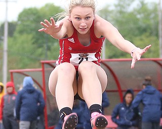 Taylor Balcerzak(21) of Detroit Mercy competes in the Women's Long Jump during a Horizon League Track and Field Championship at Farmers National Bank Field, Saturday, May 6, 2017 in Youngstown.  ..(Nikos Frazier | The Vindicator)