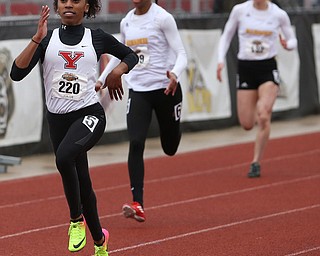 Taylor Thompkins(220) of Youngstown State, competes in the Women's 200 meter dash during a Horizon League Track and Field Championship at Farmers National Bank Field, Saturday, May 6, 2017 in Youngstown.  ..(Nikos Frazier | The Vindicator)