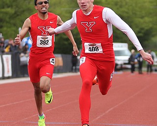 Brendan Lucas(408) and Josh Beaumont(392) of Youngstown State, competes in the Men's 200 meter dash during a Horizon League Track and Field Championship at Farmers National Bank Field, Saturday, May 6, 2017 in Youngstown.  ..(Nikos Frazier | The Vindicator)