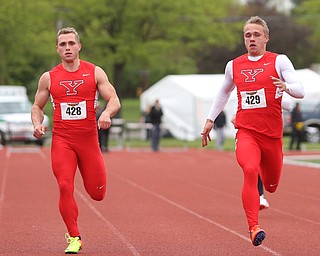 Chad Zallow(429) and Carl Zallow(428) of Youngstown State, compete in the Men's 200 meter dash during a Horizon League Track and Field Championship at Farmers National Bank Field, Saturday, May 6, 2017 in Youngstown.  ..(Nikos Frazier | The Vindicator)