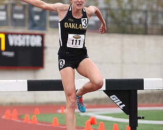 Kailey Weingartz(111) of Oakland, compete in the Women's 3000 meter steeplechase during a Horizon League Track and Field Championship at Farmers National Bank Field, Saturday, May 6, 2017 in Youngstown.  ..(Nikos Frazier | The Vindicator)