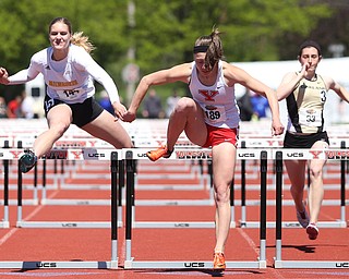 Melissa Kirchoff(144) of Milwaukee and Amber Eles(189) of Youngstown State compete in the women's 100 meter hurdles final during the final day of the Horizon League Track & Field Championships at Farmers National Bank Field at Youngstown State, Sunday, May 7, 2017 in Youngstown. Eles placed 1st with at time of 13.71...(Nikos Frazier | The Vindicator)