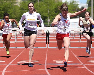 Melissa Kirchoff(144) of Milwaukee and Amber Eles(189) of Youngstown State compete in the women's 100 meter hurdles final during the final day of the Horizon League Track & Field Championships at Farmers National Bank Field at Youngstown State, Sunday, May 7, 2017 in Youngstown. Eles placed 1st with at time of 13.71...(Nikos Frazier | The Vindicator)