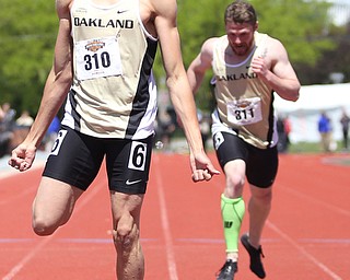 Corey Goodloe(310) of Oakland, competes in the men's 400 meter dash final during the final day of the Horizon League Track & Field Championships at Farmers National Bank Field at Youngstown State, Sunday, May 7, 2017 in Youngstown. Goodloe placed 1st with a time of 48.64...(Nikos Frazier | The Vindicator)