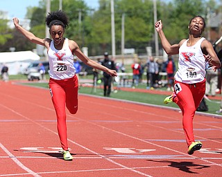 Jaliyah Elliot(190) and Taylor Thompkins(220) of Youngstown State, compete in the women's 100 meter dash final during the final day of the Horizon League Track & Field Championships at Farmers National Bank Field at Youngstown State, Sunday, May 7, 2017 in Youngstown.  Elliot placed 1st with a time of 11.71, Thompkins placed second with a time of 11.88...(Nikos Frazier | The Vindicator)